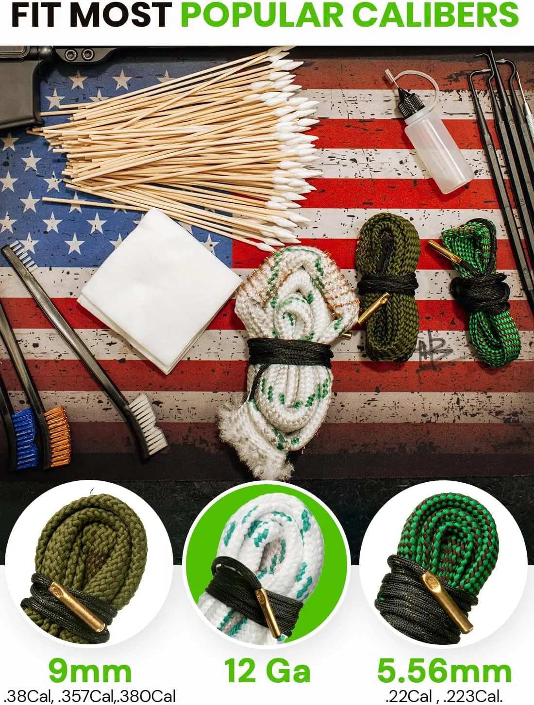 Bore Cleaner Gun Cleaning Kit For 12Ga / 5.56 / 9mm Gun Cleaning Snake, Gun Cleaning Supplies Incl. Gun Cleaning Patches, 6-inch Gun Cleaning Swabs, Gun Brushes, Cleaning Picks, Needle Oil Applicator