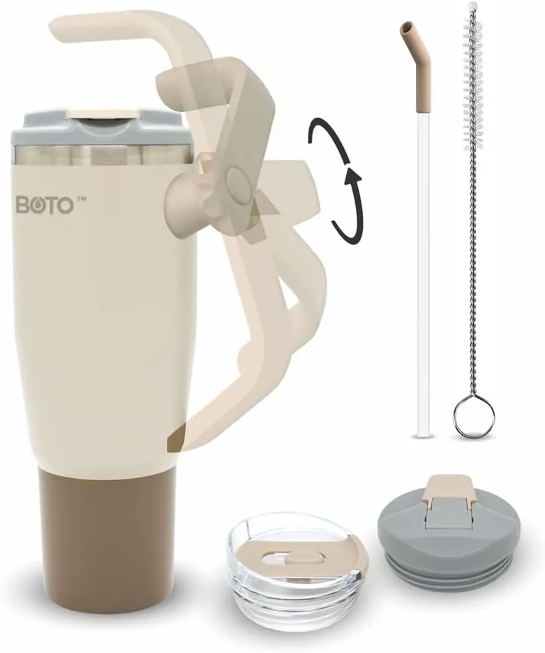 BOTO Tumbler with Handle and Straw | 100% Leak Proof Tumbler, 180° Rotatable Handle, Includes 2 Lids | Water Bottle with Straw, Insulated Tumblers, Stainless Steel