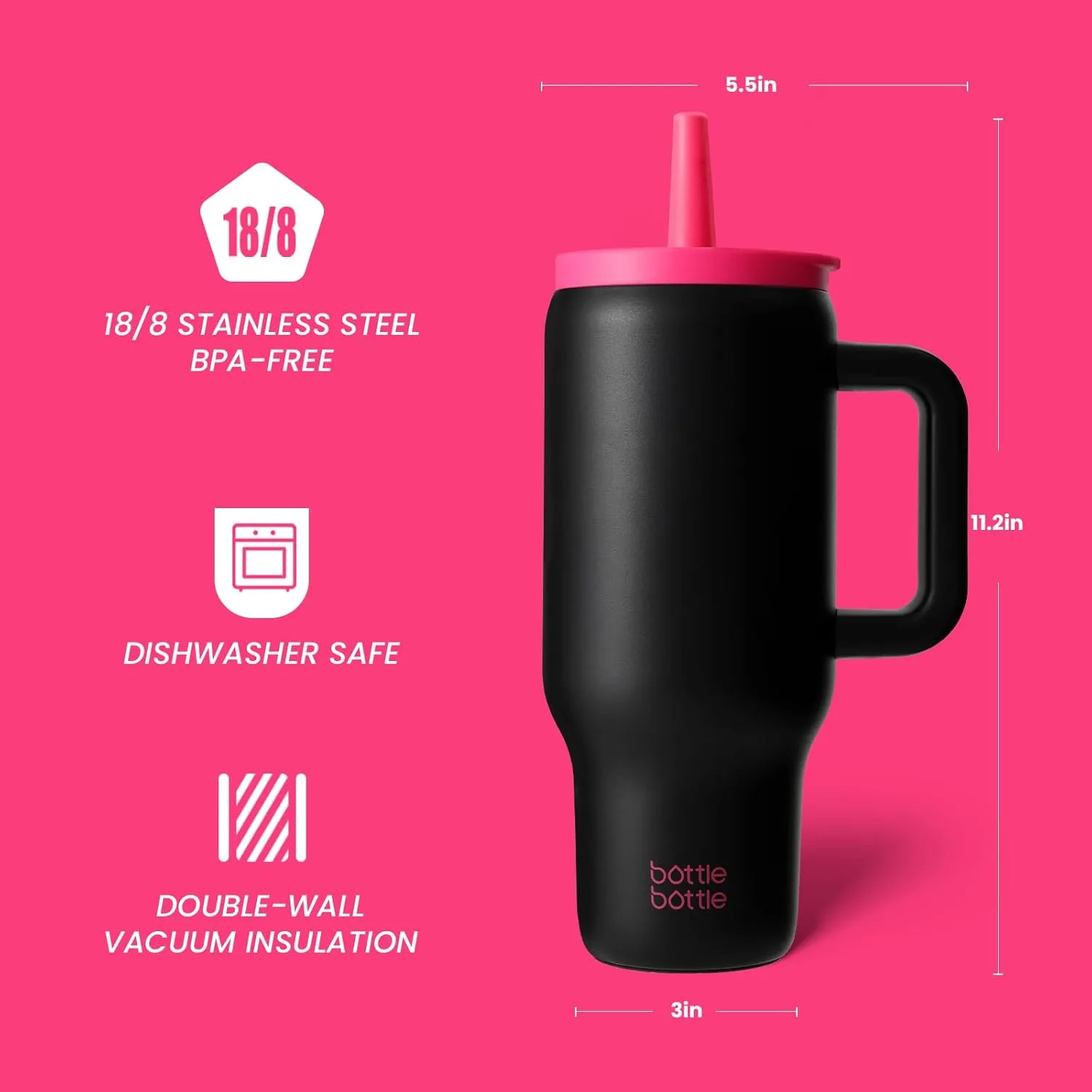 BOTTLE BOTTLE 30 oz Tumbler with Lid and Straw, Stainless Steel Travel Mug, Tumbler with handle, Water Bottle with straw for College Office, Gifts for Women Him Her (Black Pink)