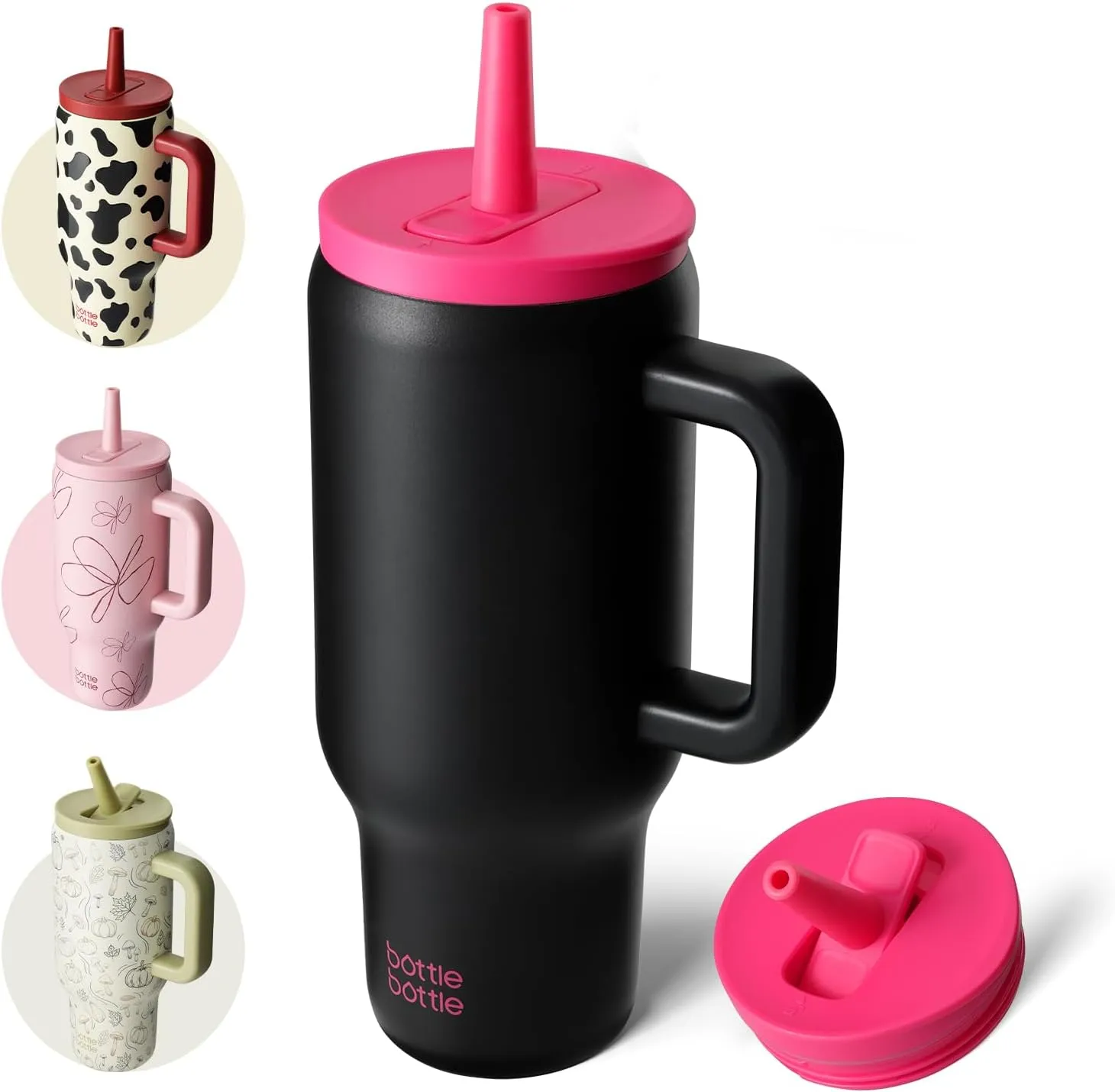BOTTLE BOTTLE 30 oz Tumbler with Lid and Straw, Stainless Steel Travel Mug, Tumbler with handle, Water Bottle with straw for College Office, Gifts for Women Him Her (Black Pink)