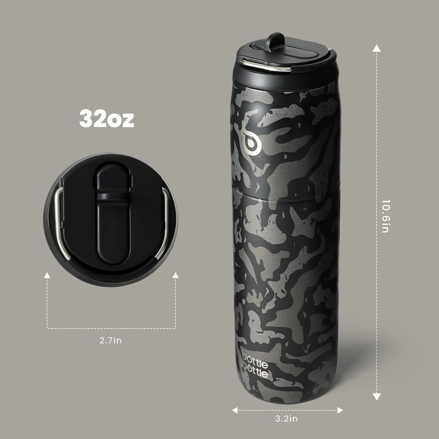 BOTTLE BOTTLE Stainless Steel Water Bottle with Straw and Lid 32 oz Vacuum Insulated Cup Stay Cold for 24 Hrs Hot for 12 Hrs, Leak-Proof Wide Mouth Water Bottles for Men,Black Camouflage