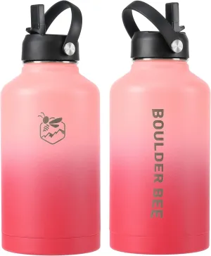 Boulder Bee | 64 oz Insulated Water Bottle | Stainless Steel Thermos for Hot & Cold Drinks | with 2 Lid (Straw Lid and Cap) | Double Vacuum Walled | for Travel, Hiking, Camping (Pink)