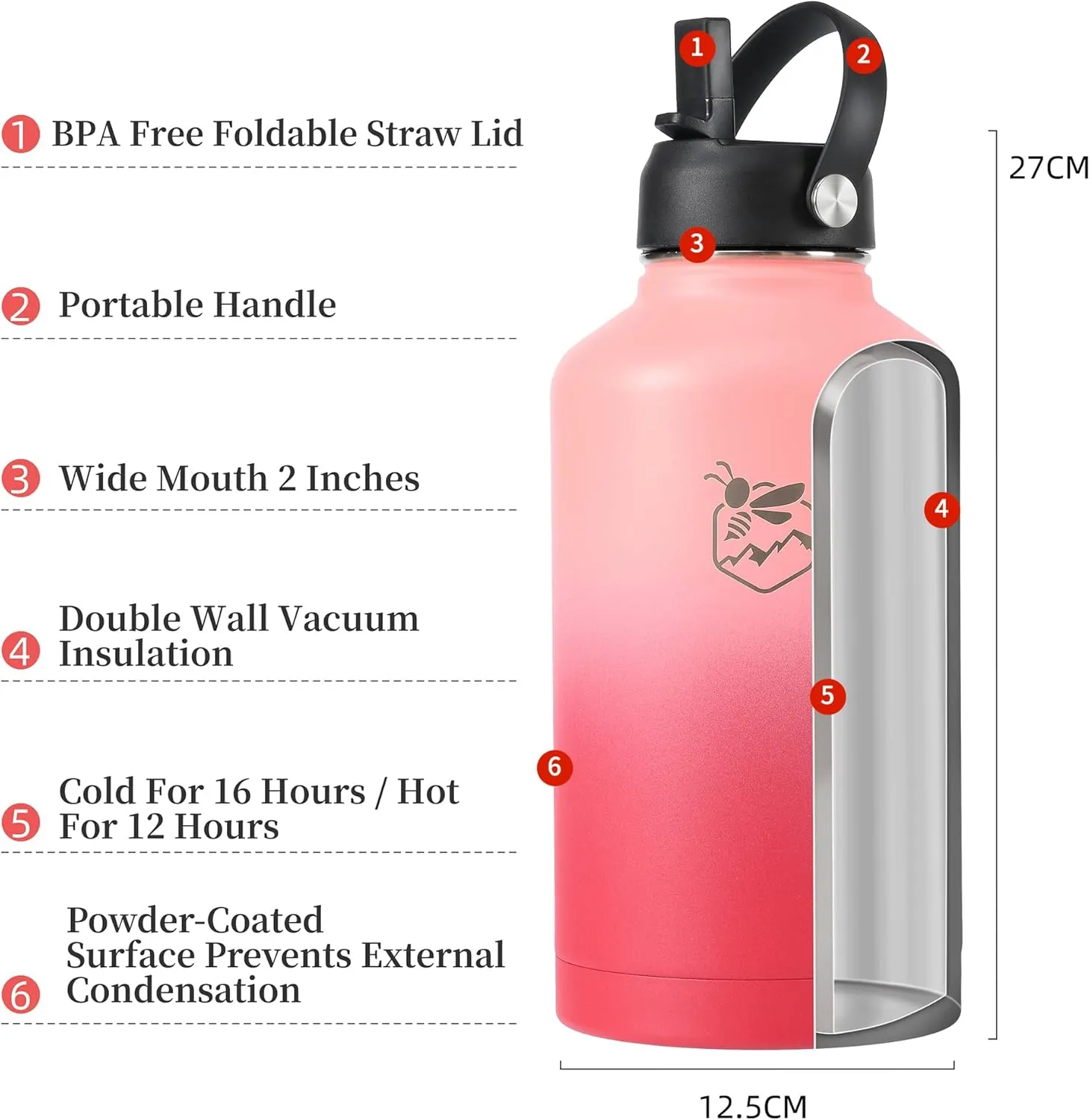 Boulder Bee | 64 oz Insulated Water Bottle | Stainless Steel Thermos for Hot & Cold Drinks | with 2 Lid (Straw Lid and Cap) | Double Vacuum Walled | for Travel, Hiking, Camping (Pink)