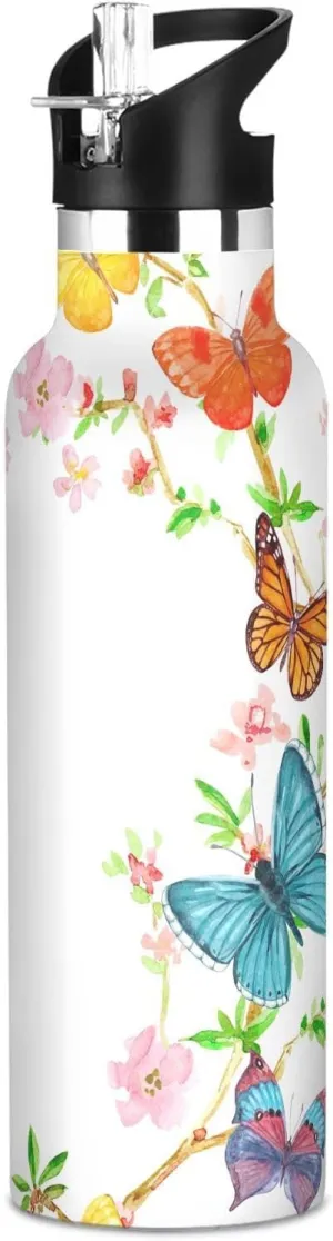 Boys Water Bottle with Straw Reusable Tumbler for Toddlers 20oz Kids Insulated Cups Leak Proof Double Wall 304 Stainless Steel Water Flask School Bottle,Flying Butterflies