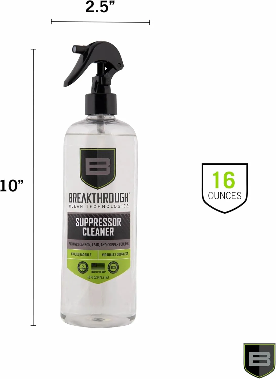 Breakthrough Clean Suppressor Cleaner - Heavy Carbon and Lead Remover - Perfect for Handguns and Rifle Suppressors with Aluminum Stainless-Steel or Titanium-Based 16oz Spray Bottle - Made in America