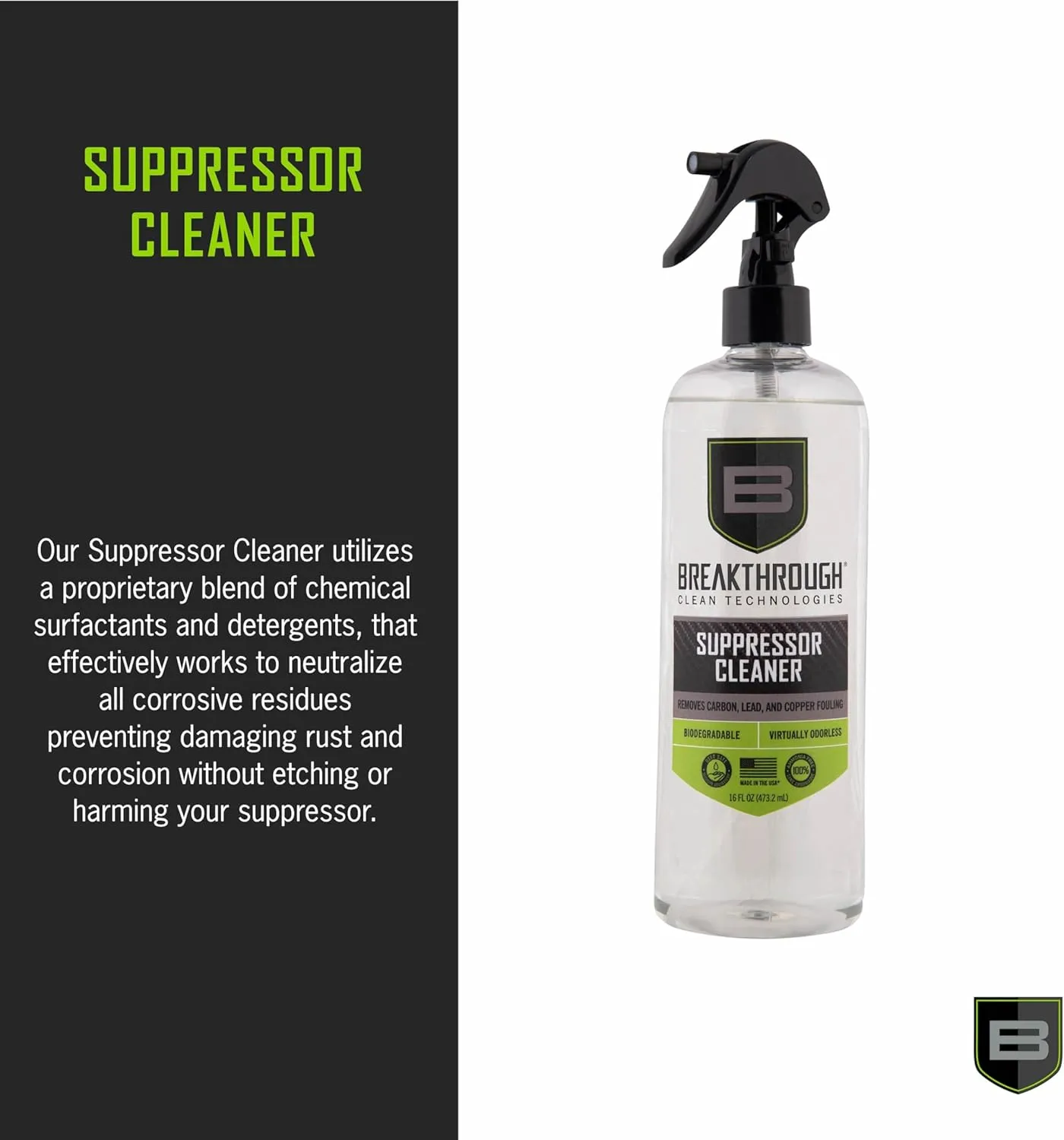 Breakthrough Clean Suppressor Cleaner - Heavy Carbon and Lead Remover - Perfect for Handguns and Rifle Suppressors with Aluminum Stainless-Steel or Titanium-Based 16oz Spray Bottle - Made in America