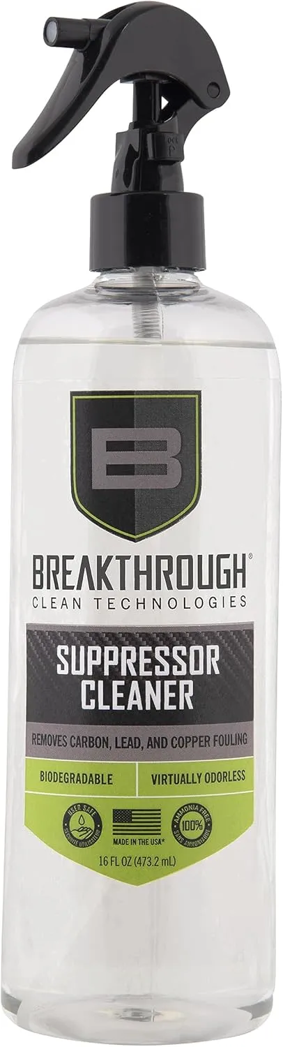 Breakthrough Clean Suppressor Cleaner - Heavy Carbon and Lead Remover - Perfect for Handguns and Rifle Suppressors with Aluminum Stainless-Steel or Titanium-Based 16oz Spray Bottle - Made in America