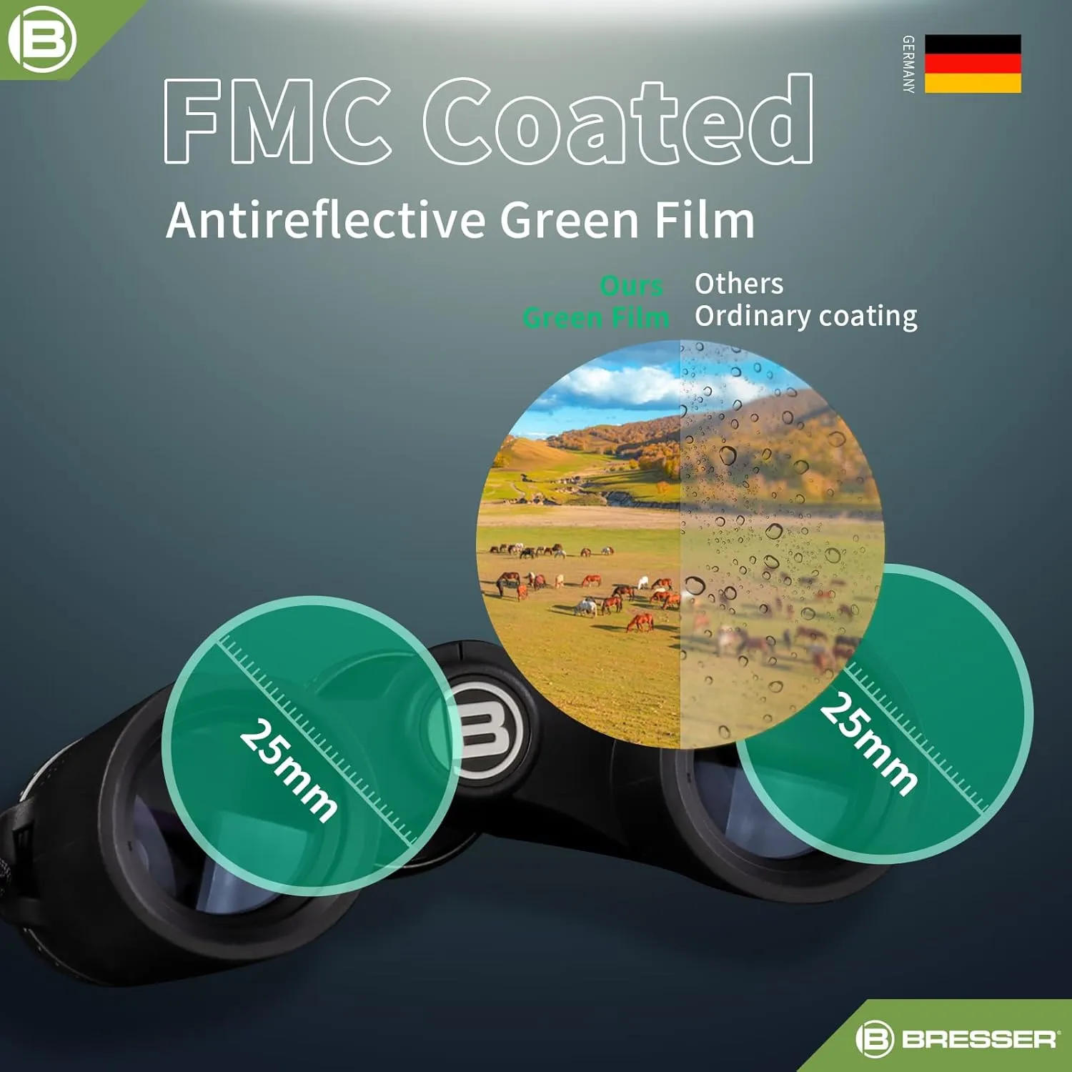 BRESSER 10x25 Binoculars for Adults High Powered with HD Optical System, FMC Green Film BAK4 Prism, Non-Slip Grip, Waterproof, Fogproof, Shockproof for for Hunting Bird Watching Travel Football Games