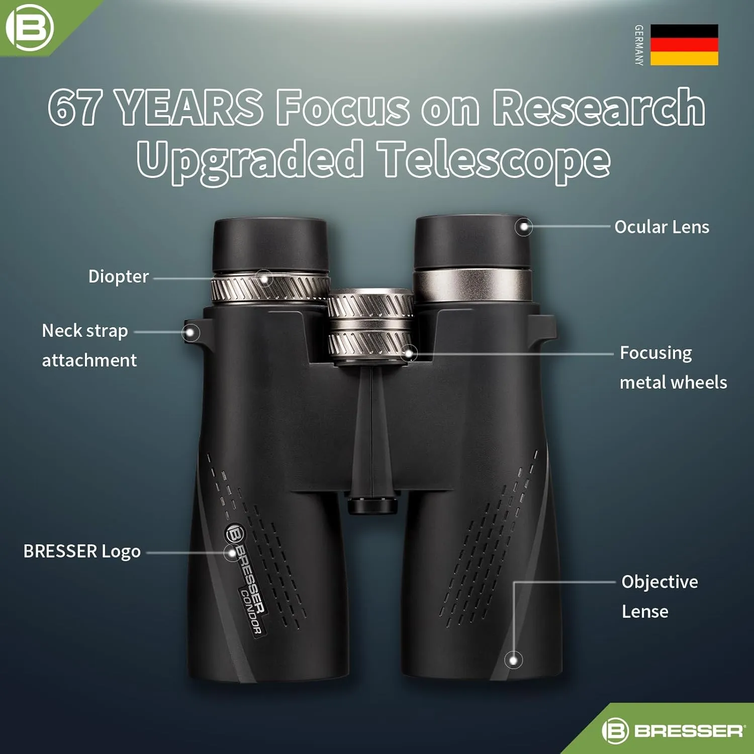 BRESSER 10x50 Binoculars for Adults High Powered with HD Optical System, FMC Green Film BAK4 Prism, Non-Slip Grip, Waterproof, Fogproof, Shockproof for for Hunting Bird Watching Travel Football Games