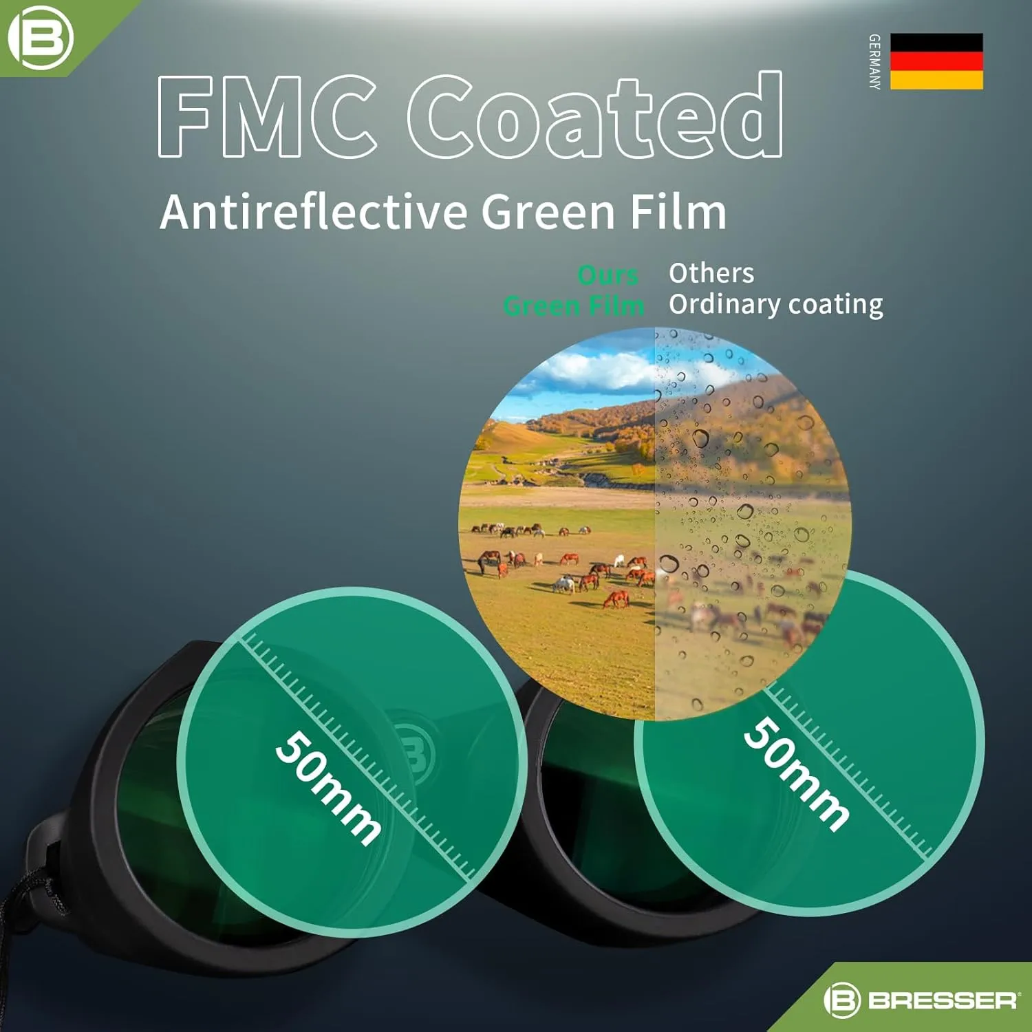 BRESSER 10x50 Binoculars for Adults High Powered with HD Optical System, FMC Green Film BAK4 Prism, Non-Slip Grip, Waterproof, Fogproof, Shockproof for for Hunting Bird Watching Travel Football Games