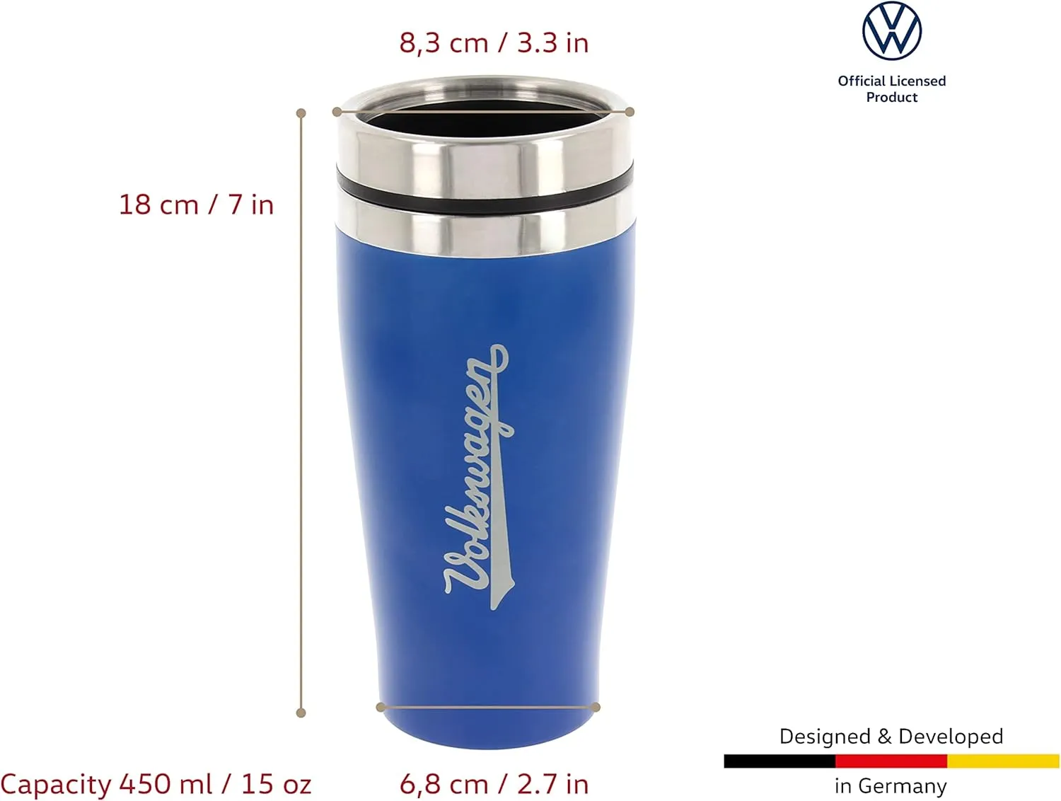 BRISA VW Collection - Insulated Stainless Steel Thermo Drinking Cup in VW Logo Design, Double-Walled (450ml/15.2 fl oz/Blue)
