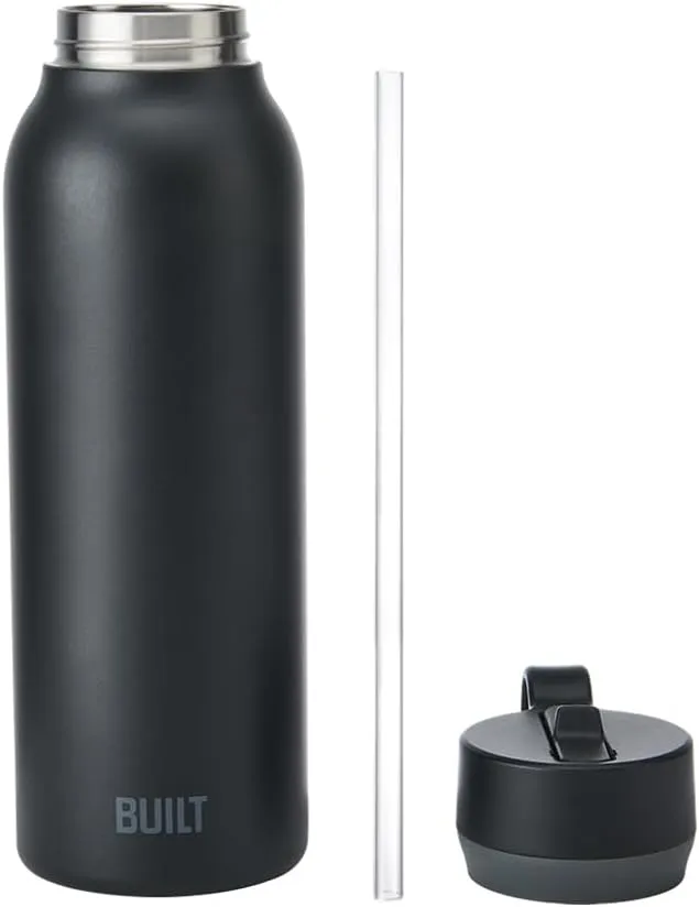 BUILT 40oz Cascade Double Wall Vacuum Insulated Stainless Steel Water Bottle with Wide Mouth Straw Lid, Black