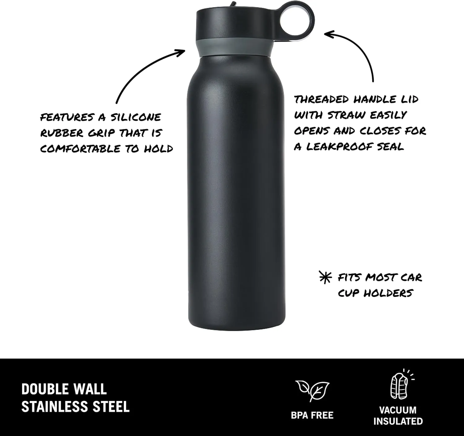 BUILT 40oz Cascade Double Wall Vacuum Insulated Stainless Steel Water Bottle with Wide Mouth Straw Lid, Black