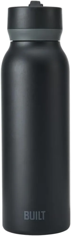 BUILT 40oz Cascade Double Wall Vacuum Insulated Stainless Steel Water Bottle with Wide Mouth Straw Lid, Black