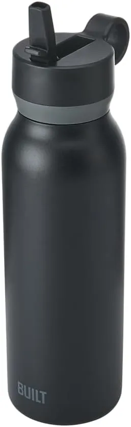 BUILT 40oz Cascade Double Wall Vacuum Insulated Stainless Steel Water Bottle with Wide Mouth Straw Lid, Black