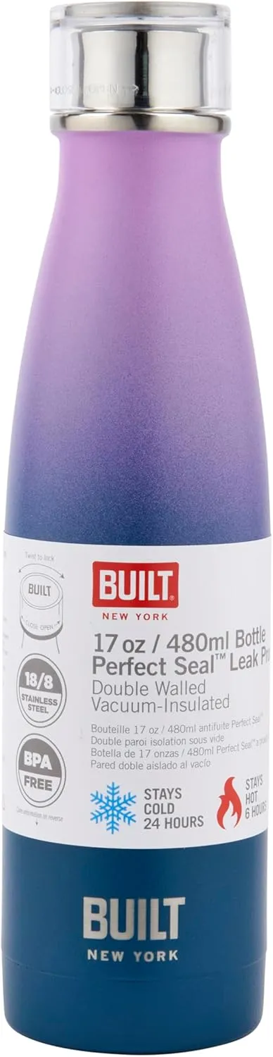 Built Perfect Seal Leakproof Insulated Water Bottle/Thermal Flask, Stainless Steel, 480 ml, Pink/Blue Ombre