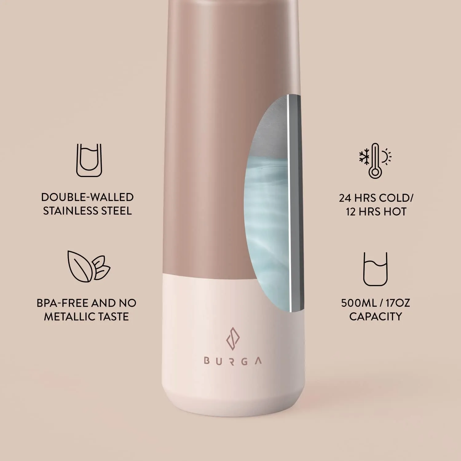 BURGA Insulated Stainless Steel Water Bottle (17oz) Keeps Drinks Hot or Cold, Leak-Proof, Anti-Slip Double Pink