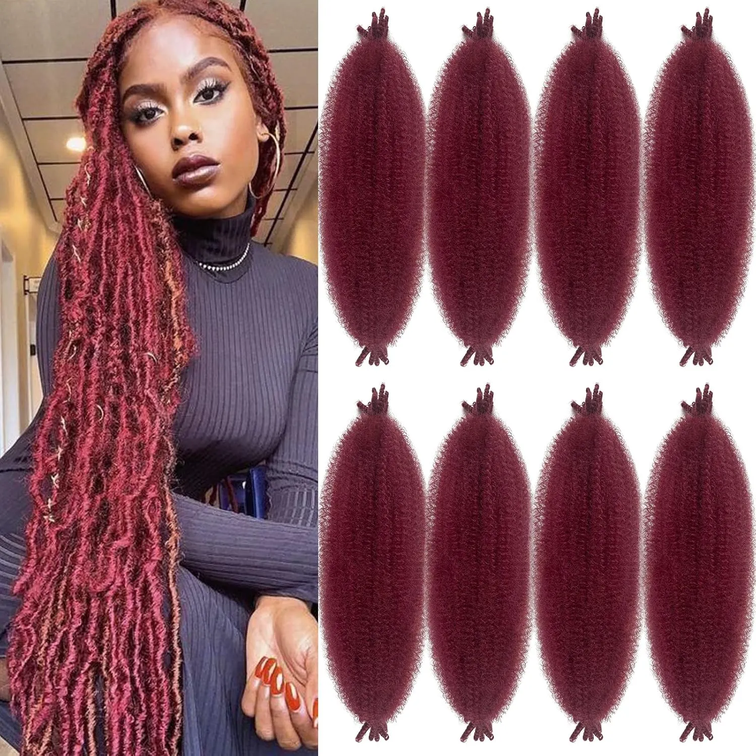 Burgundy Afro Twist Hair 16 Inch 8 Pack Kinky Twist Hair for Braiding Marley Twist Braiding Hair for Soft Locs Passion Twists Crochet Hair Synthetic Twisted Up Springy Afro Twist