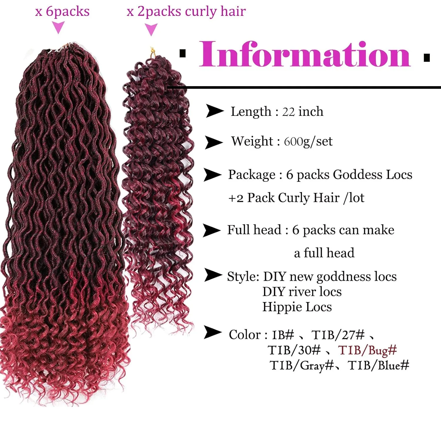 Burgundy New Goddess Locs Crochet Hair 8 Packs 22" River Locs Crochet Hair Faux Locs Crochet with Curly Hair in End Boho Faux Locs Synthetic Hair(22" T1B/BUG#)