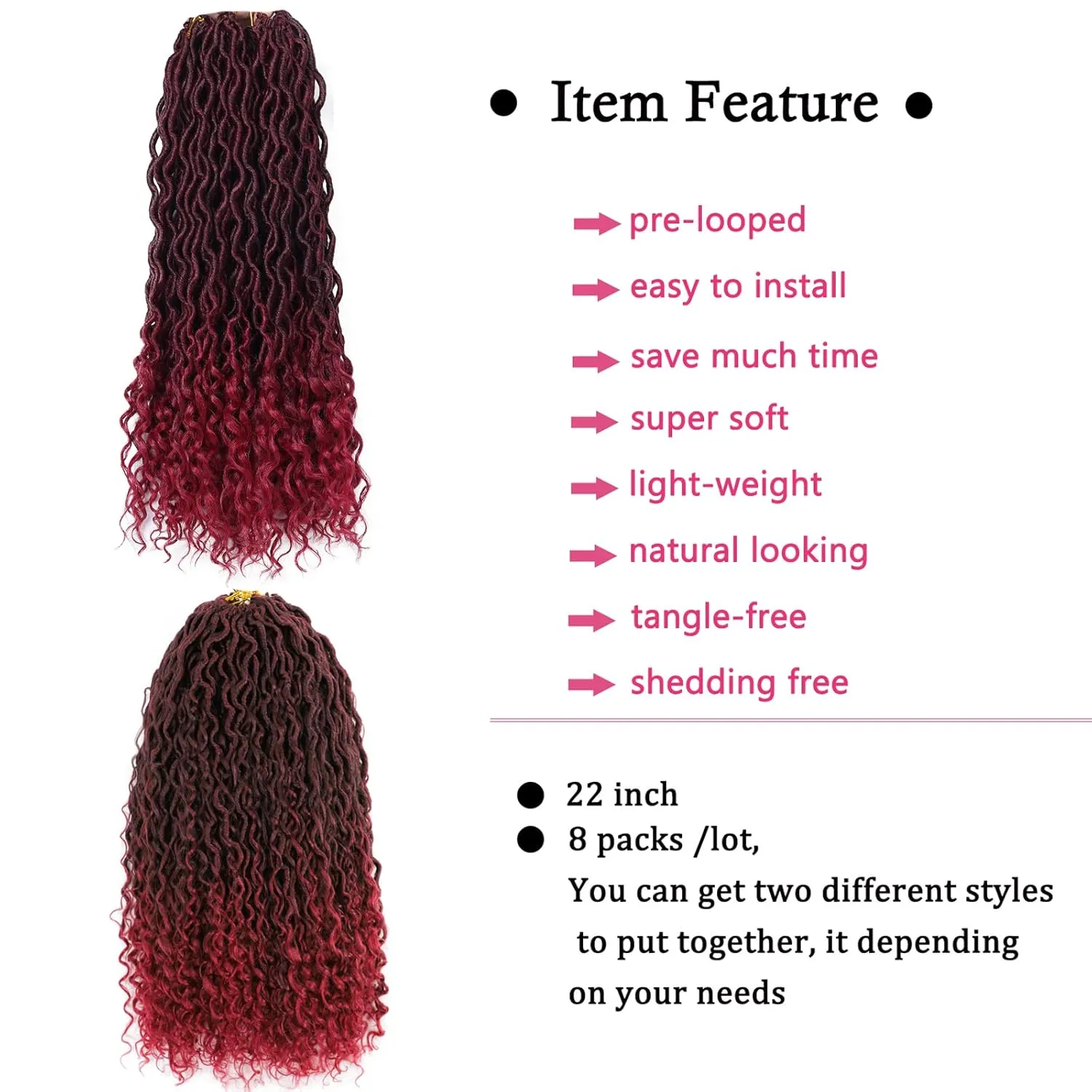 Burgundy New Goddess Locs Crochet Hair 8 Packs 22" River Locs Crochet Hair Faux Locs Crochet with Curly Hair in End Boho Faux Locs Synthetic Hair(22" T1B/BUG#)