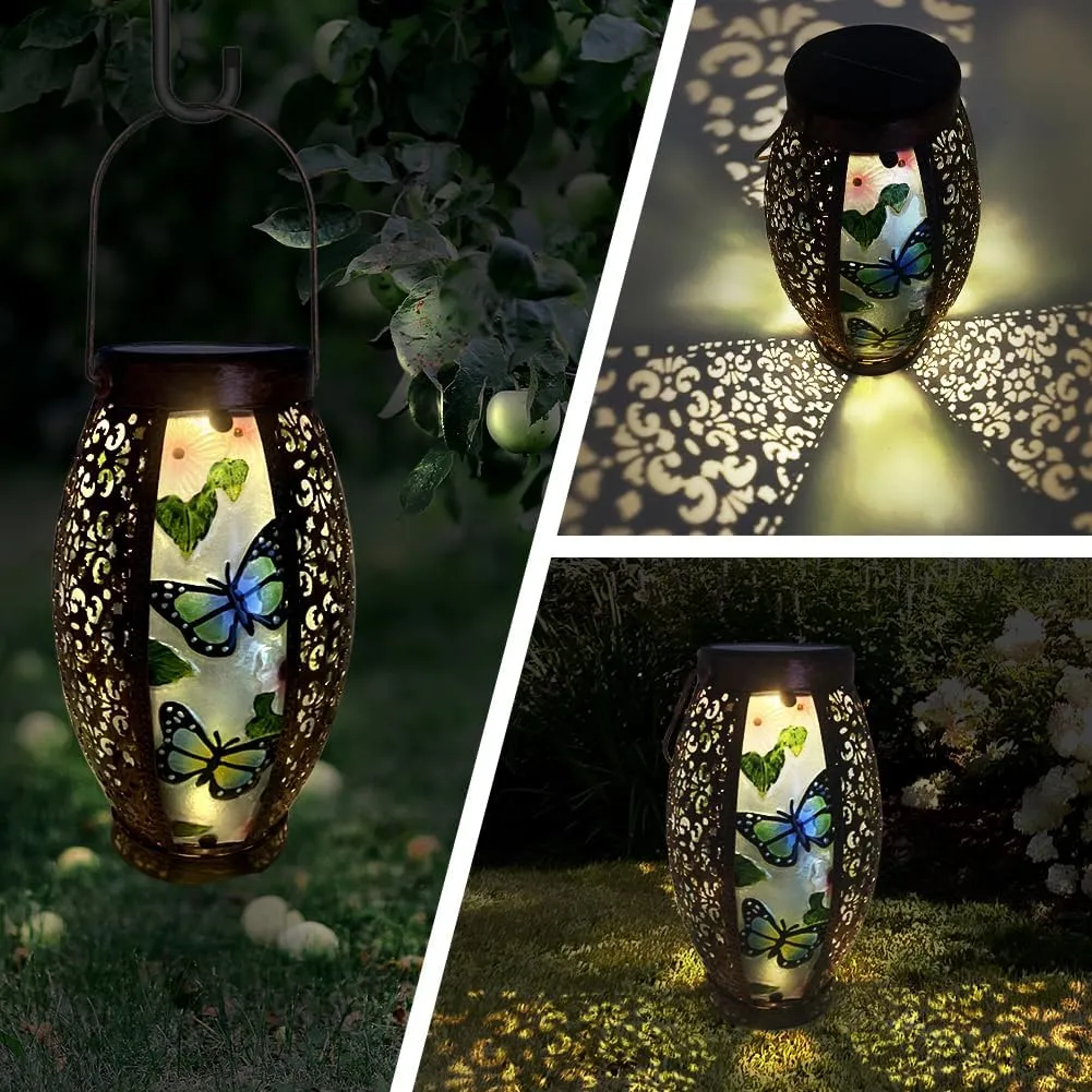 Butterfly Solar Lanterns Glass & Metal Hanging Lantern Outdoor Waterproof 16" H Tabletop Light with Hollowed-Out Design for Garden Patio Table Decor Mother's Day Gift