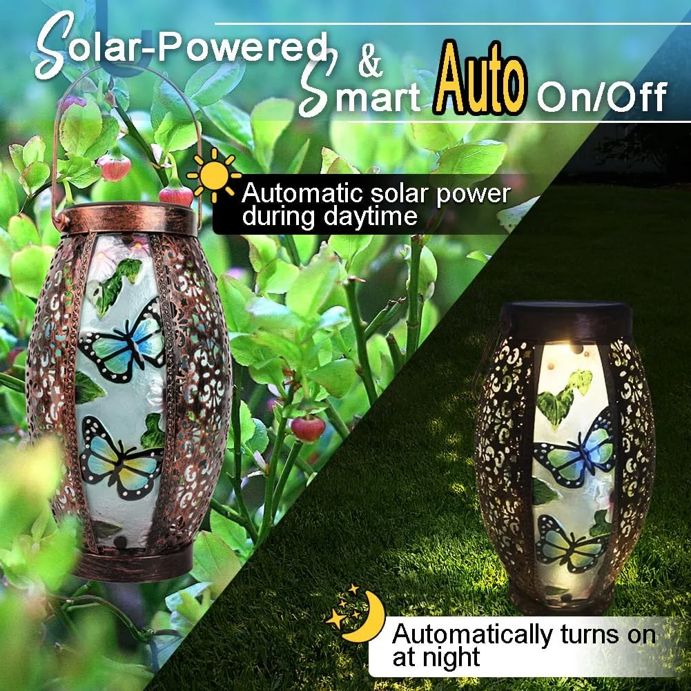 Butterfly Solar Lanterns Glass & Metal Hanging Lantern Outdoor Waterproof 16" H Tabletop Light with Hollowed-Out Design for Garden Patio Table Decor Mother's Day Gift