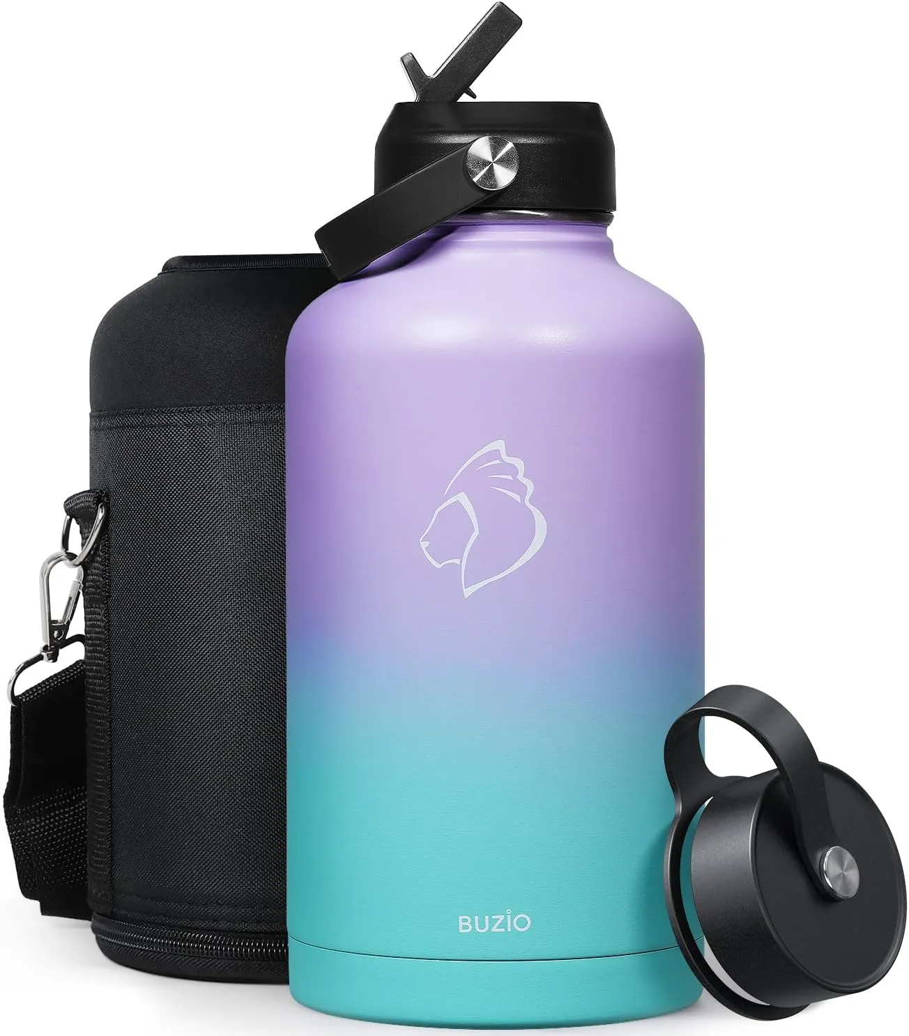 BUZIO 64oz Insulated Water Bottle Stainless Steel Double Wall Leak Proof Half Gallon with Straw Lid and Flex Cap (Cold for 48 Hrs) Sports Flask Metal Travel Mug for Hiking, Camping, Purple Green