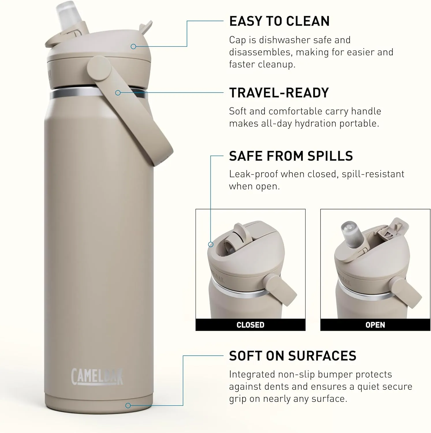 CamelBak Thrive Flip Straw Insulated Stainless Steel Water Bottle Stone, 25oz