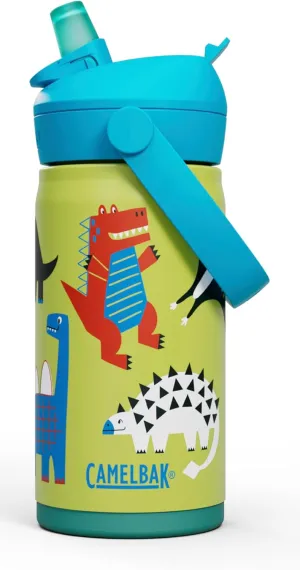 CamelBak Thrive Flip Straw Kids Bite Valve Insulated Stainless Steel Water Bottle Dino Jam, 12oz