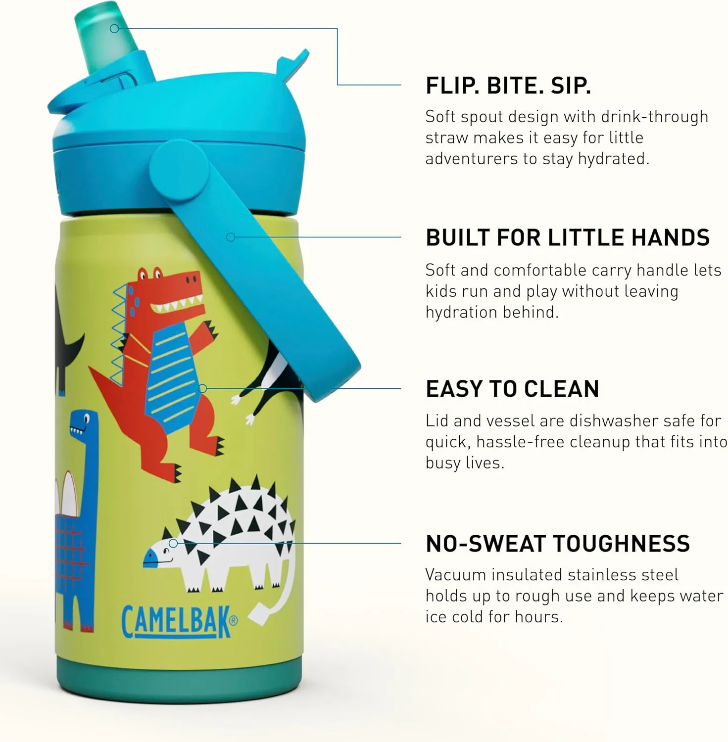 CamelBak Thrive Flip Straw Kids Bite Valve Insulated Stainless Steel Water Bottle Dino Jam, 12oz