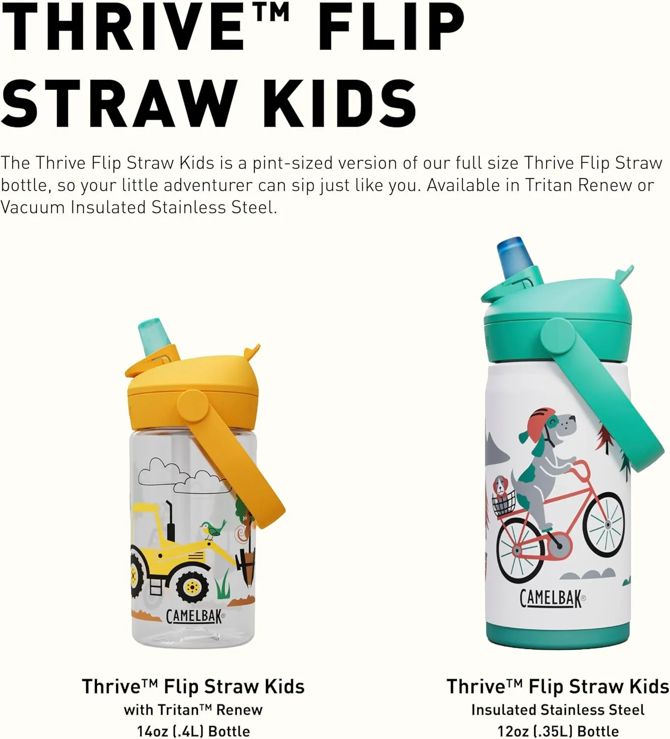 CamelBak Thrive Flip Straw Kids Bite Valve Insulated Stainless Steel Water Bottle Dino Jam, 12oz