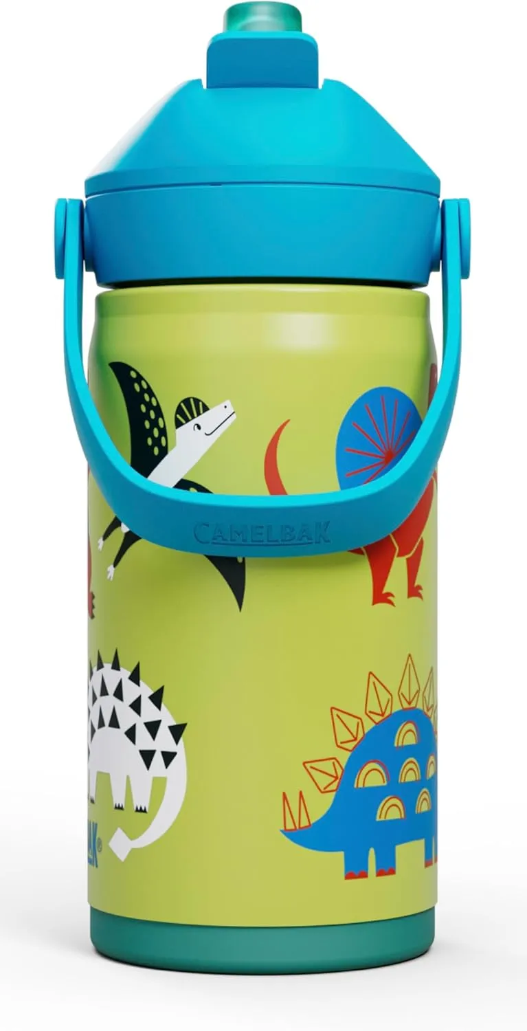 CamelBak Thrive Flip Straw Kids Bite Valve Insulated Stainless Steel Water Bottle Dino Jam, 12oz