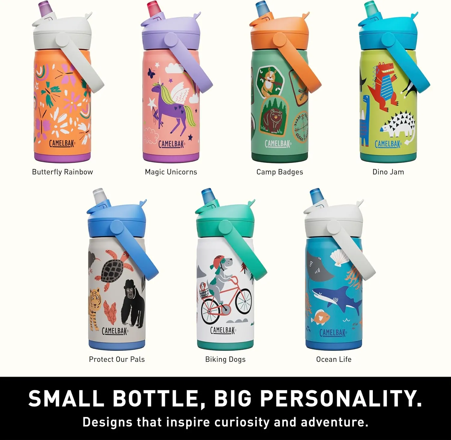 CamelBak Thrive Flip Straw Kids Bite Valve Insulated Stainless Steel Water Bottle Dino Jam, 12oz