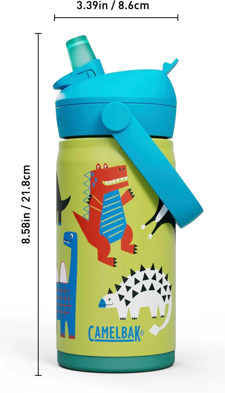 CamelBak Thrive Flip Straw Kids Bite Valve Insulated Stainless Steel Water Bottle Dino Jam, 12oz