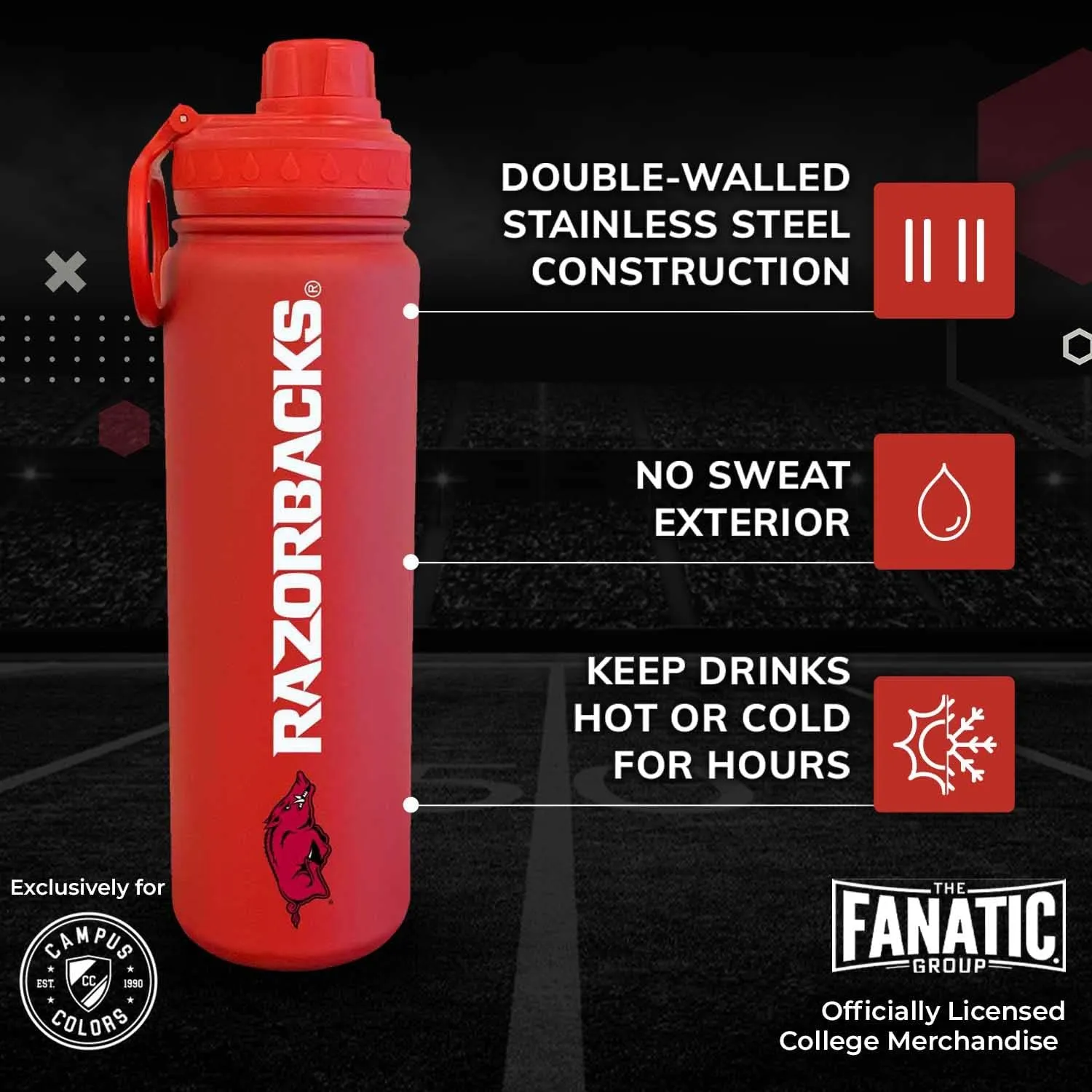Campus Colors NCAA Stainless Steel Water Bottle - Twist on cap - 24 oz - Carry Clip - Keeps Your Drinks Hot or Cold for Hours (Arkansas Razorbacks - Cardinal)