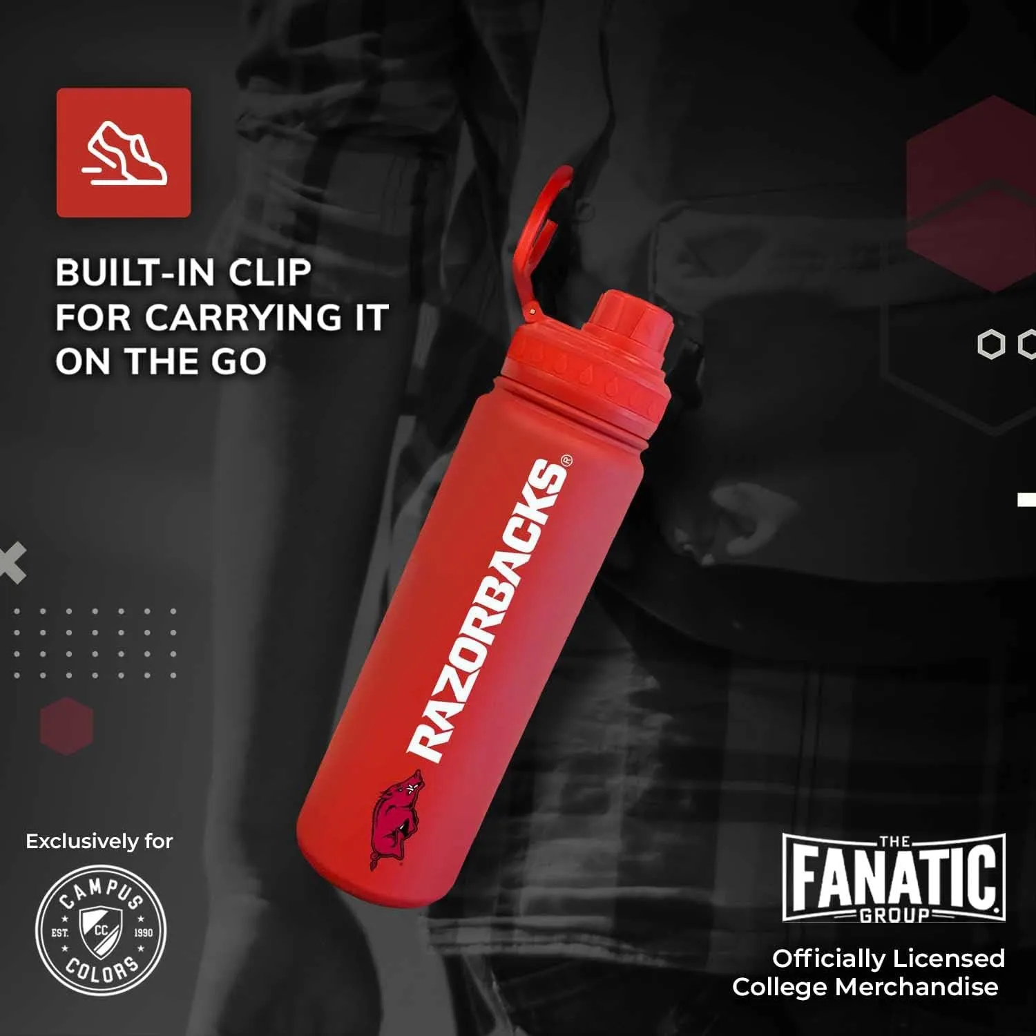 Campus Colors NCAA Stainless Steel Water Bottle - Twist on cap - 24 oz - Carry Clip - Keeps Your Drinks Hot or Cold for Hours (Arkansas Razorbacks - Cardinal)