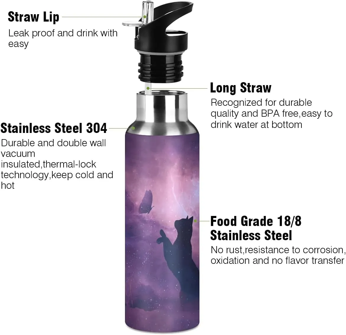 Cat Butterfly Galaxy Water Bottle Kids Bottle with Straw Lid Kids Insulated Stainless Steel Water Flask Leakproof Bottle for Gym Outdoor 20 oz