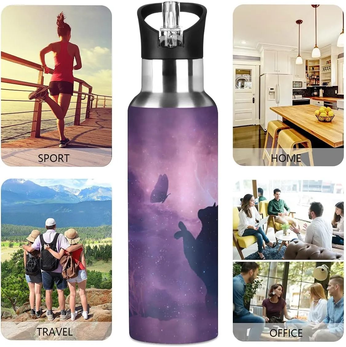 Cat Butterfly Galaxy Water Bottle Kids Bottle with Straw Lid Kids Insulated Stainless Steel Water Flask Leakproof Bottle for Gym Outdoor 20 oz