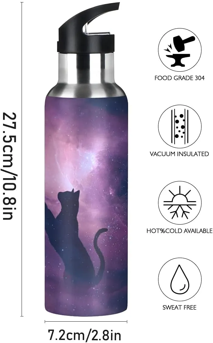 Cat Butterfly Galaxy Water Bottle Kids Bottle with Straw Lid Kids Insulated Stainless Steel Water Flask Leakproof Bottle for Gym Outdoor 20 oz