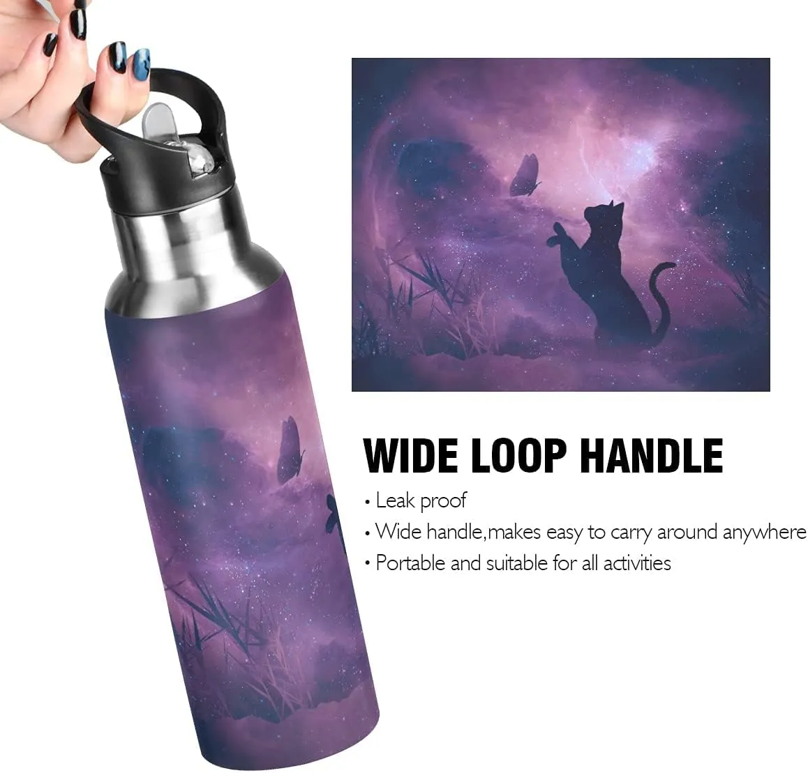 Cat Butterfly Galaxy Water Bottle Kids Bottle with Straw Lid Kids Insulated Stainless Steel Water Flask Leakproof Bottle for Gym Outdoor 20 oz