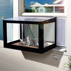 Cat Window Box Outdoor Cat Enclosure Window Catio Perch Bug Proof Wire Mesh Transparent Top and Front for Indoor Cats Sunbathing, Napping, Overlooking, Playing