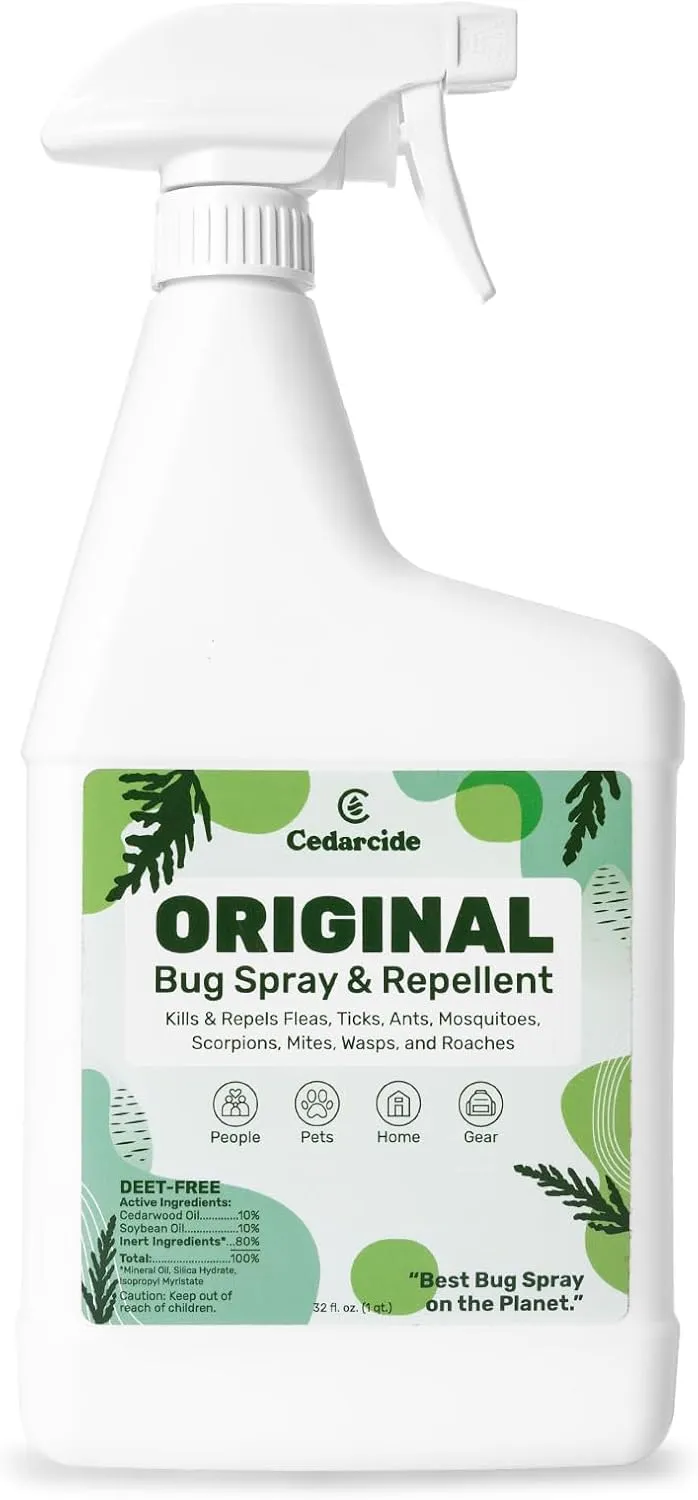 Cedarcide Original Bug Spray | Repel & Kill Fleas, Ticks, Mosquitoes, Mites, Ants & Chiggers | for use on People, Pets & Home | Natural Cedar Oil | Eco-Friendly | Quart