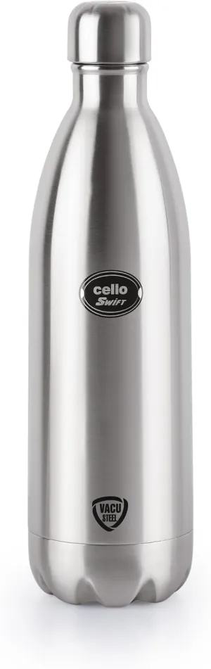 Cello Swift Stainless Steel Vacuum Insulated Flask with Screw Lid | Leak Proof | Double Walled Silver Bottle for Home, Office, Travel (34oz, Silver)