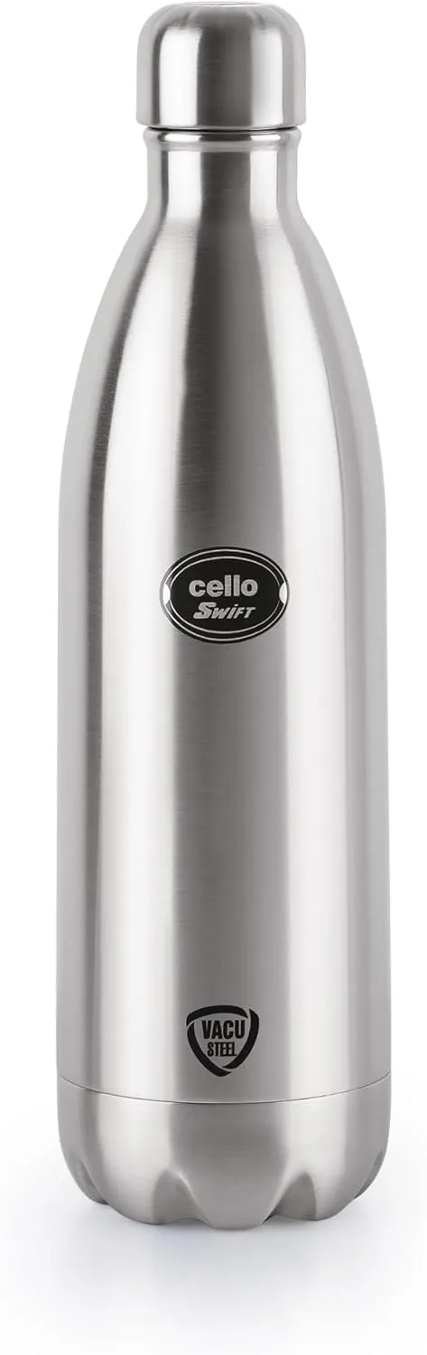 Cello Swift Stainless Steel Vacuum Insulated Flask with Screw Lid | Leak Proof | Double Walled Silver Bottle for Home, Office, Travel (34oz, Silver)