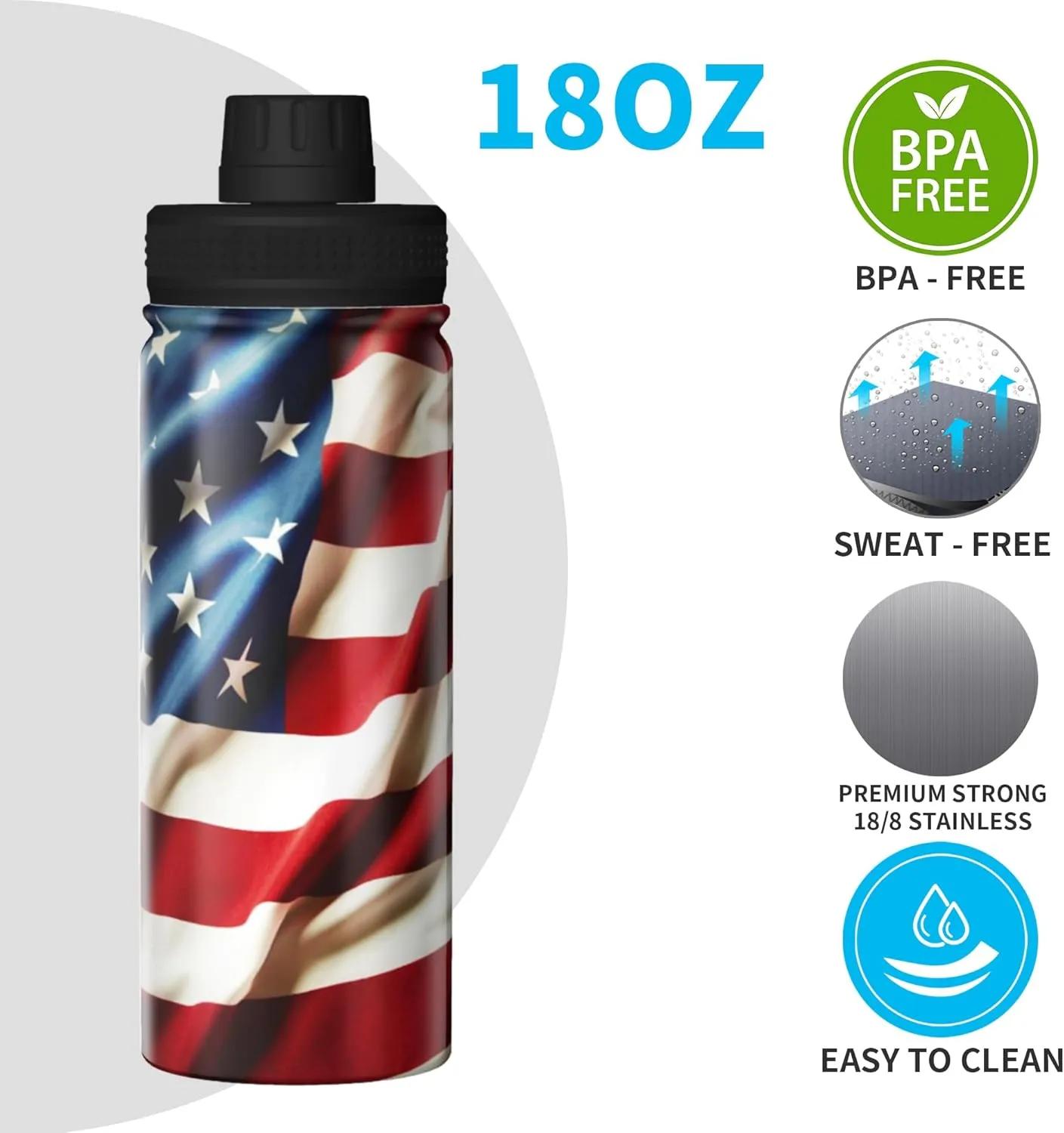 Cerburny Insulated Water Bottle Red USA Flag 18 oz Stainless Steel Bottles With Lid Leak Proof Gym Sport Water Jug For Men Women Adults