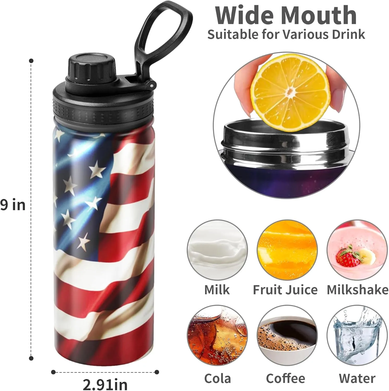 Cerburny Insulated Water Bottle Red USA Flag 18 oz Stainless Steel Bottles With Lid Leak Proof Gym Sport Water Jug For Men Women Adults