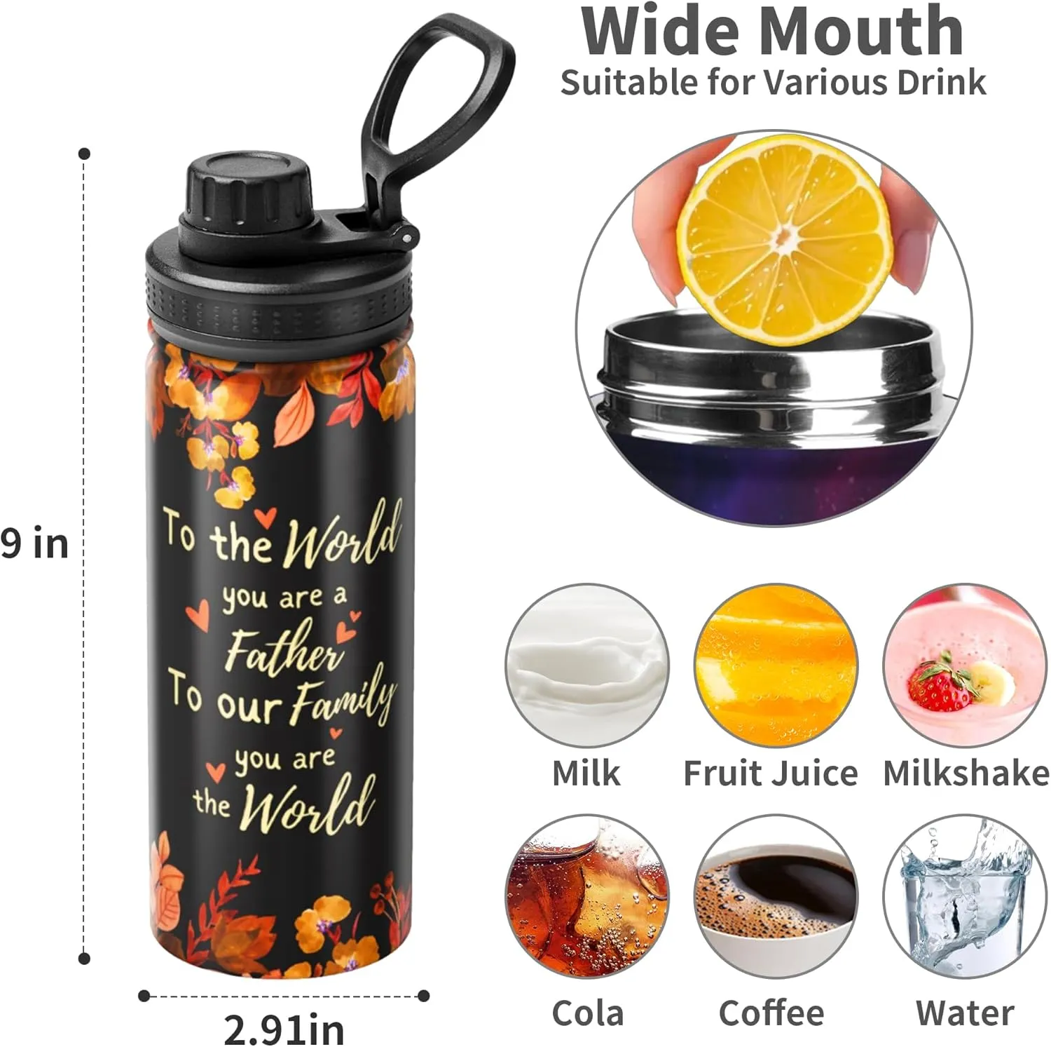Cerburny Water Bottle Dad Father 18 oz Stainless Steel Insulated Bottles With Lid Wide Mouth Gym Sport Water Jug For Men Adult