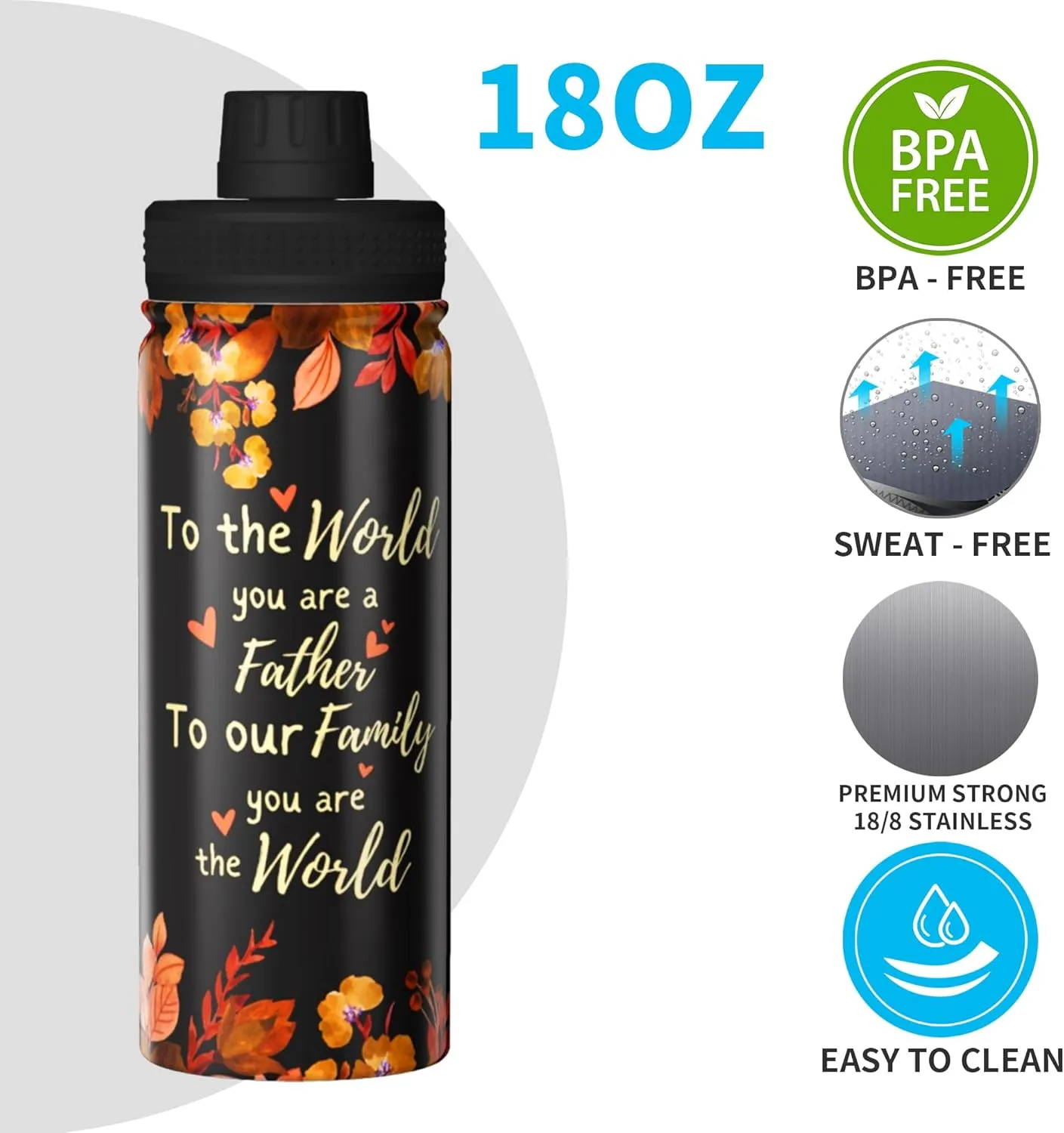 Cerburny Water Bottle Dad Father 18 oz Stainless Steel Insulated Bottles With Lid Wide Mouth Gym Sport Water Jug For Men Adult