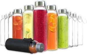 Chef's Star 18 Oz Clear Glass Water Bottles, Reusable Glass Juicing Bottles with Protection Sleeve and Stainless Steel Leak Proof Lids, Set of 12
