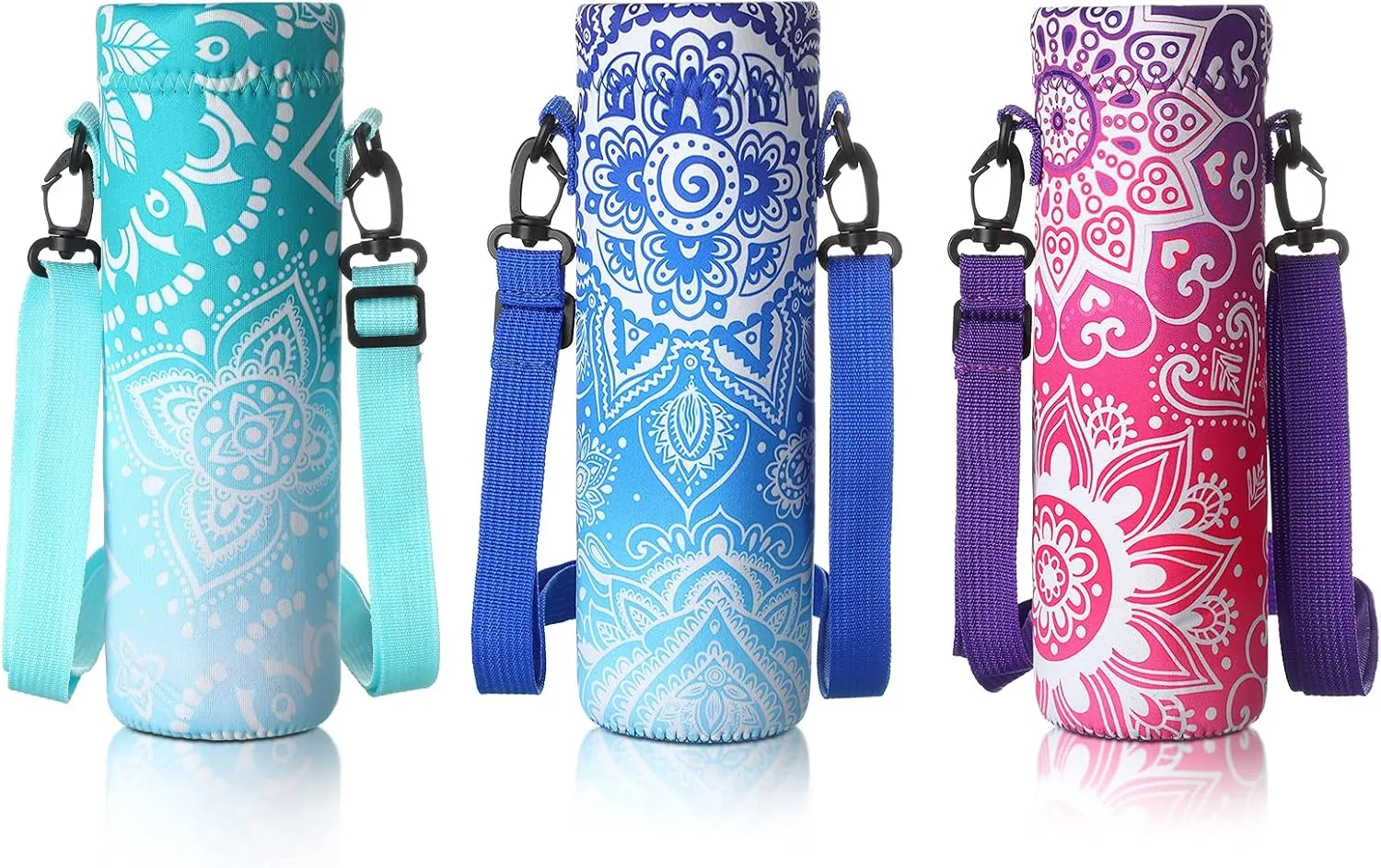 CHENGU 3 Pack 25 oz Neoprene Water Bottle Carrier Bag with Adjustable Shoulder Strap Water Bottle Holders for Adults Sports Gym Hiking Camping Walking(Mandala Style)